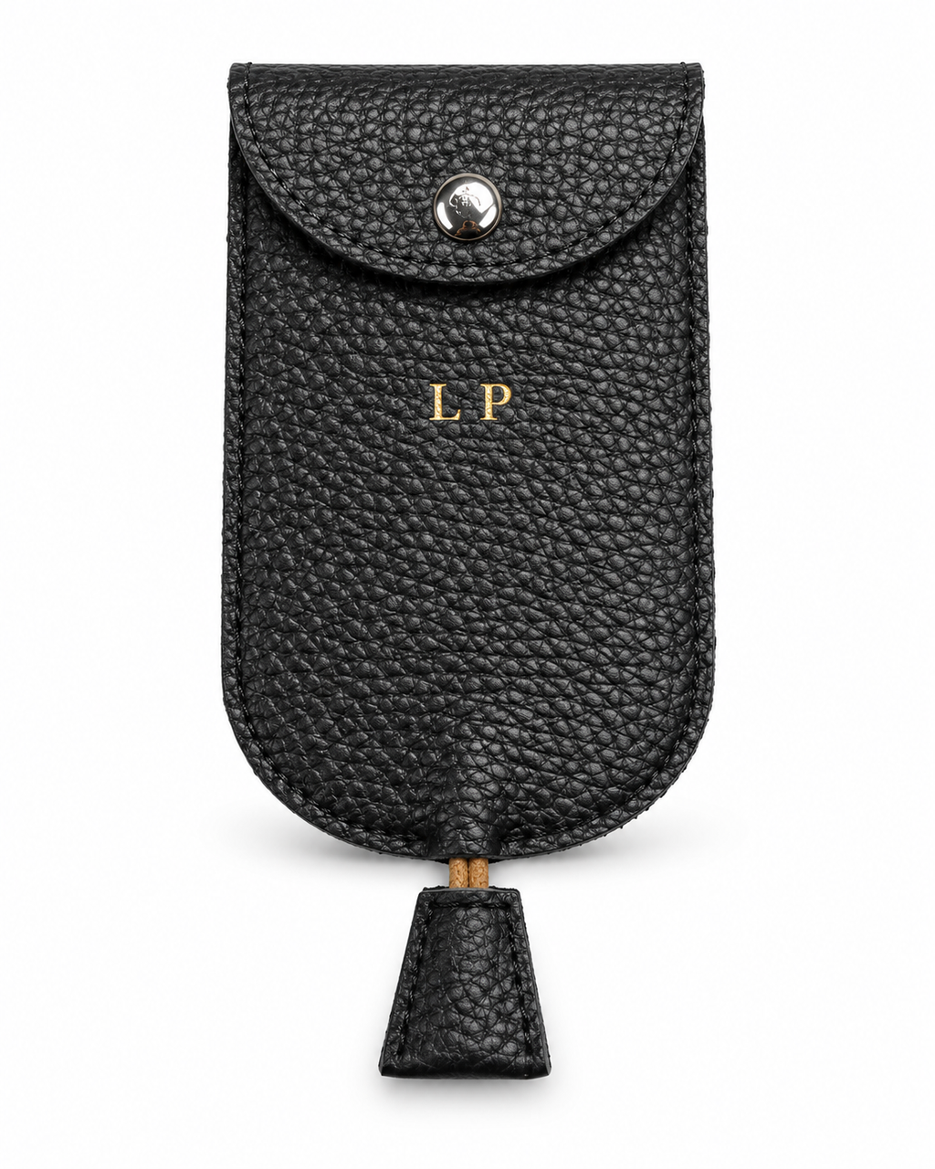 The Concierge Key Pouch in black pebbled leather with gold LP initials