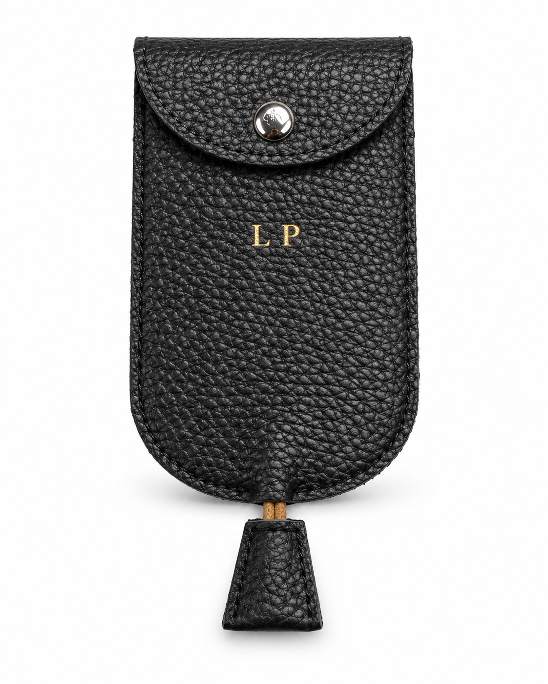 The Concierge Key Pouch in black pebbled leather with gold LP initials