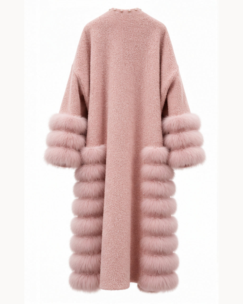 A dusty pink teddy coat with luxurious faux fur trim on the sleeves and hem, shown from the back against a plain white background.