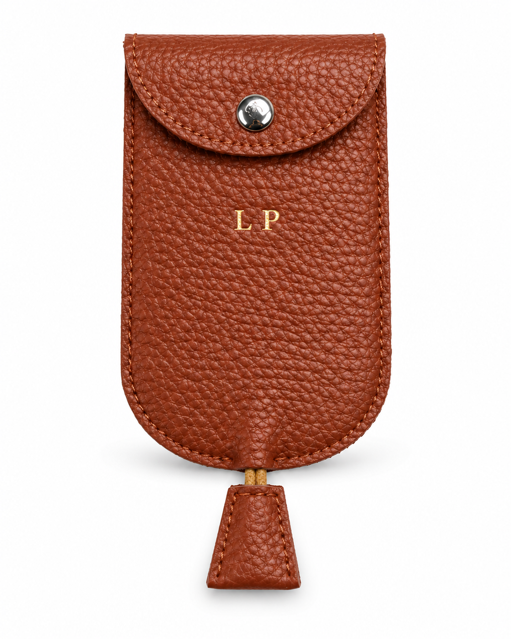 The Concierge Key Pouch in cognac pebbled leather with gold LP initials