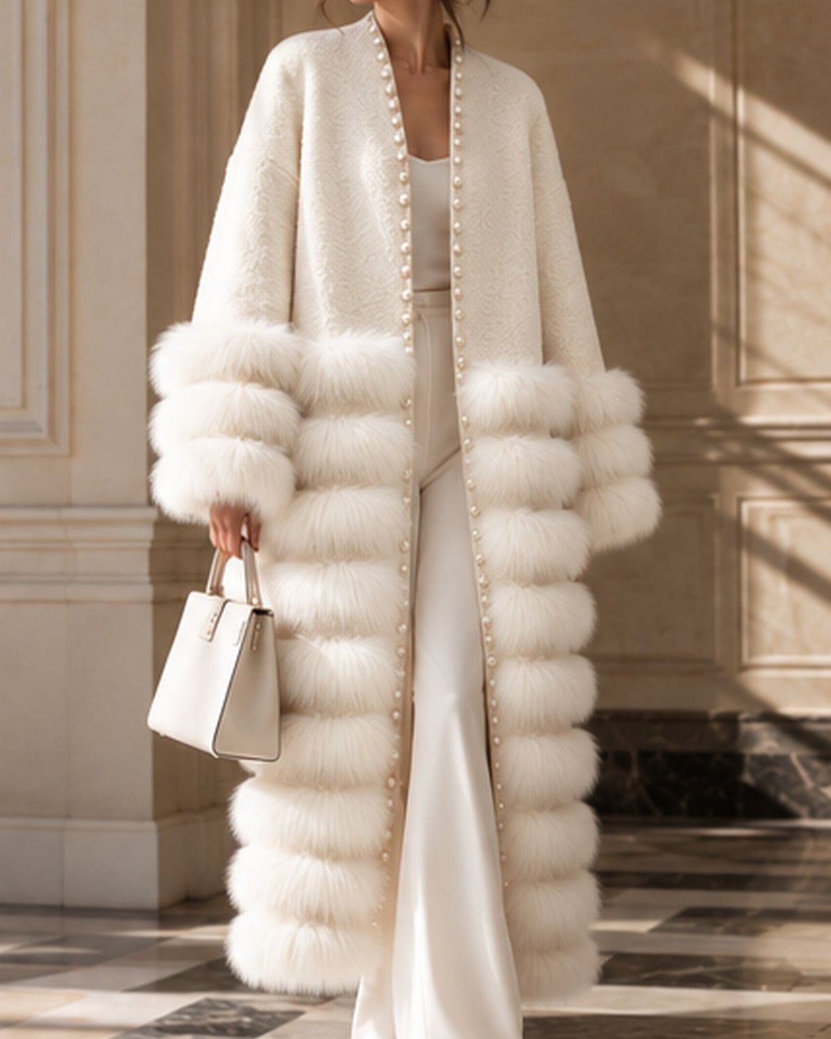 A woman wearing a long, voluminous cream faux fur coat with a shawl collar and decorative pearl-like trim, styled with matching cream trousers, sunglasses, and a structured cream handbag in a sunlit architectural hallway.