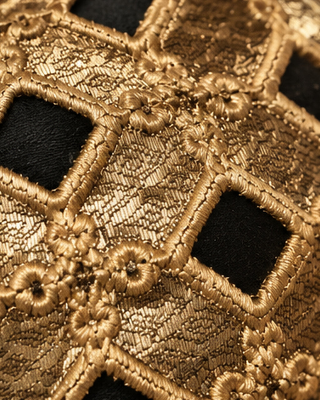 Close-up of a gold embroidered lace or mesh fabric with geometric diamond patterns and floral embroidery over a black background.
