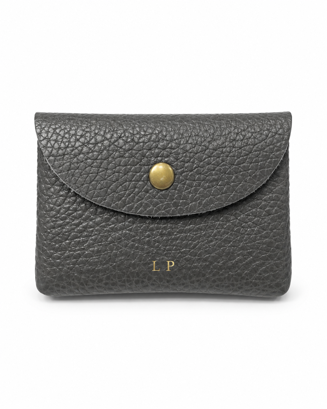 The Mayfair Card Purse in dark grey leather with gold initials
