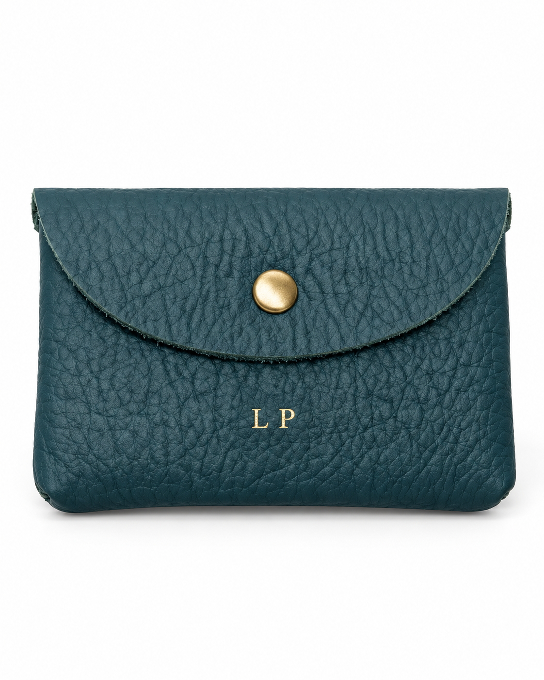 The Mayfair Card Purse in teal leather with gold initials