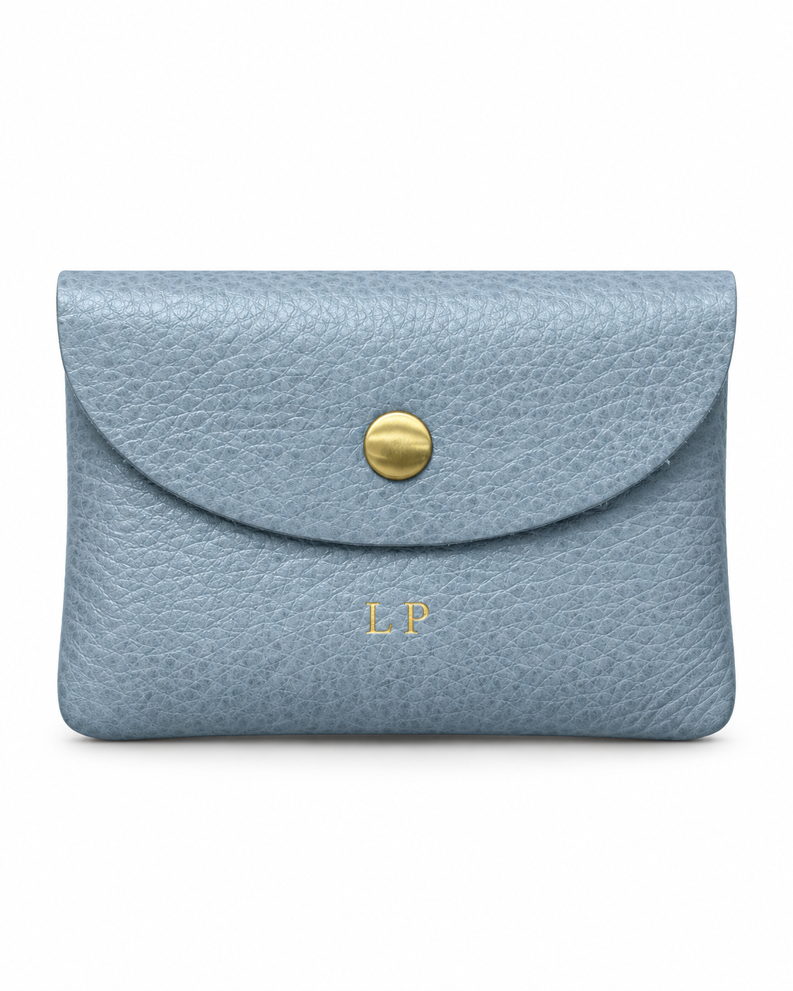 The Mayfair Card Purse in grey blue leather with gold initials