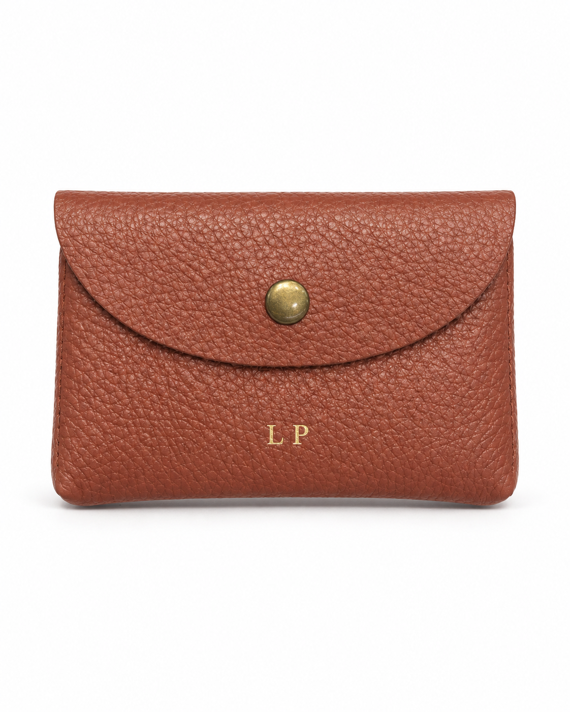 The Mayfair Card Purse in brown leather with gold initials