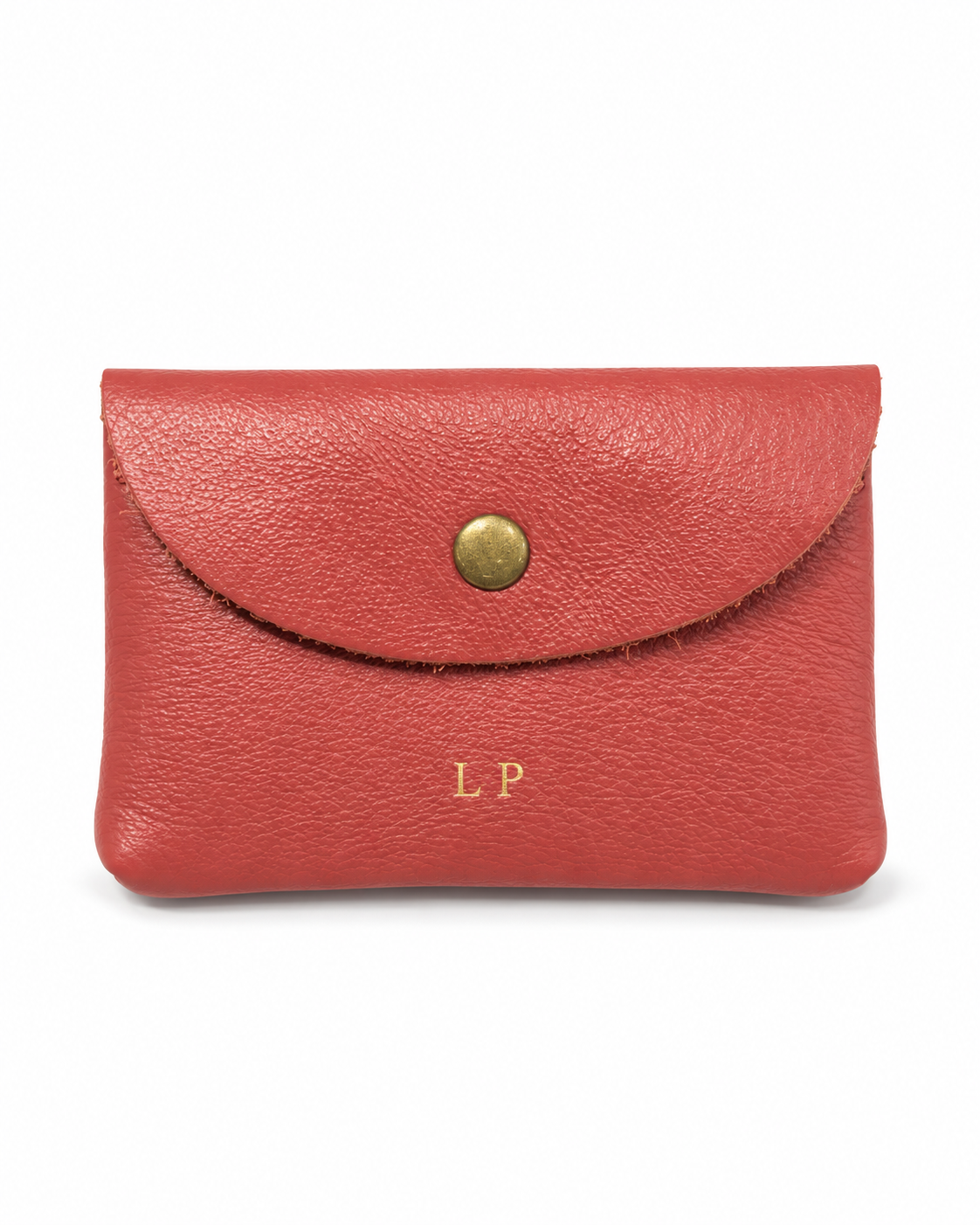 The Mayfair Card Purse in pomegranate red leather with gold initials