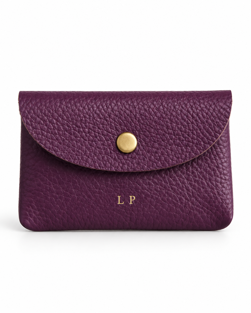The Mayfair Card Purse in purple leather with gold initials
