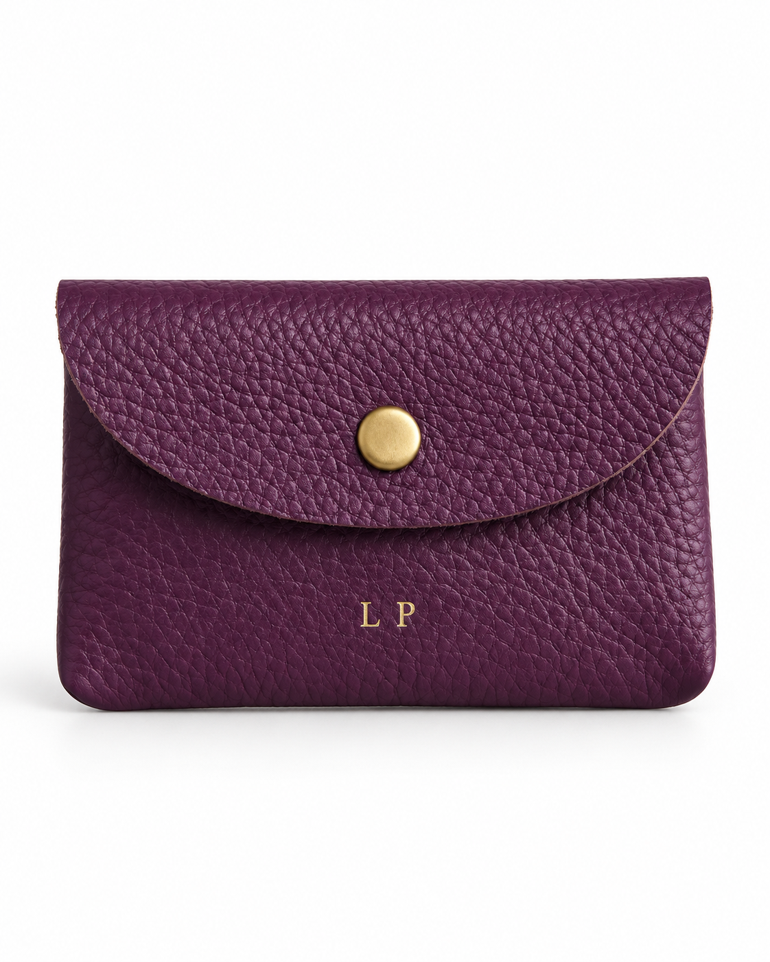 The Mayfair Card Purse in purple leather with gold initials