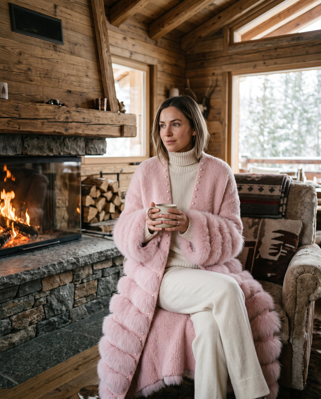 Méribel Cardigan Coat worn in a chalet