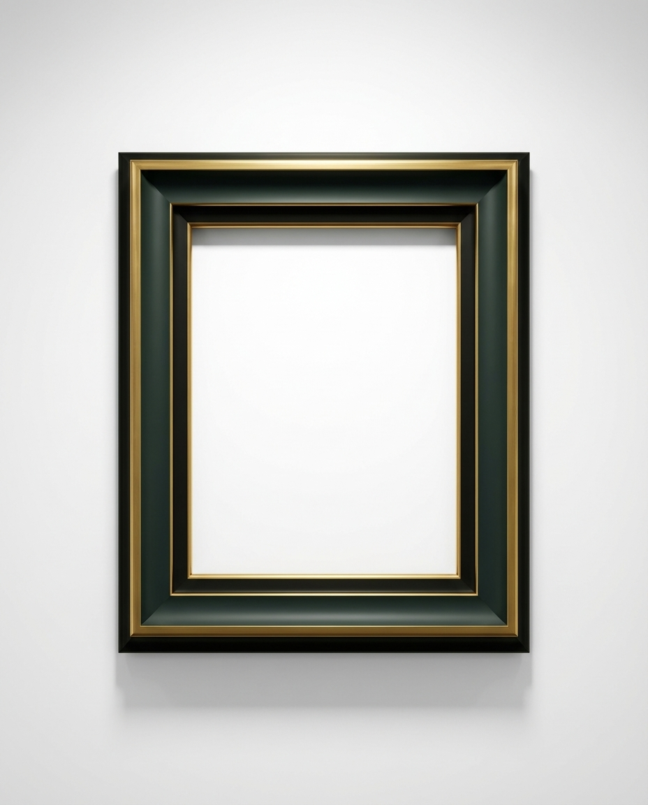 A rectangular picture frame with a dark green outer border, a black inner border, and metallic gold accents, shown against a light gray background.