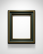 A rectangular picture frame with a dark green outer border, a black inner border, and metallic gold accents, shown against a light gray background.