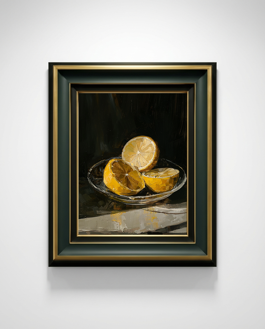 A framed still life painting of sliced lemons in a glass bowl, set against a dark background. The artwork is housed in a decorative frame with a black outer border, gold inner trim, and a dark green mat, shown hanging on a light gray wall.