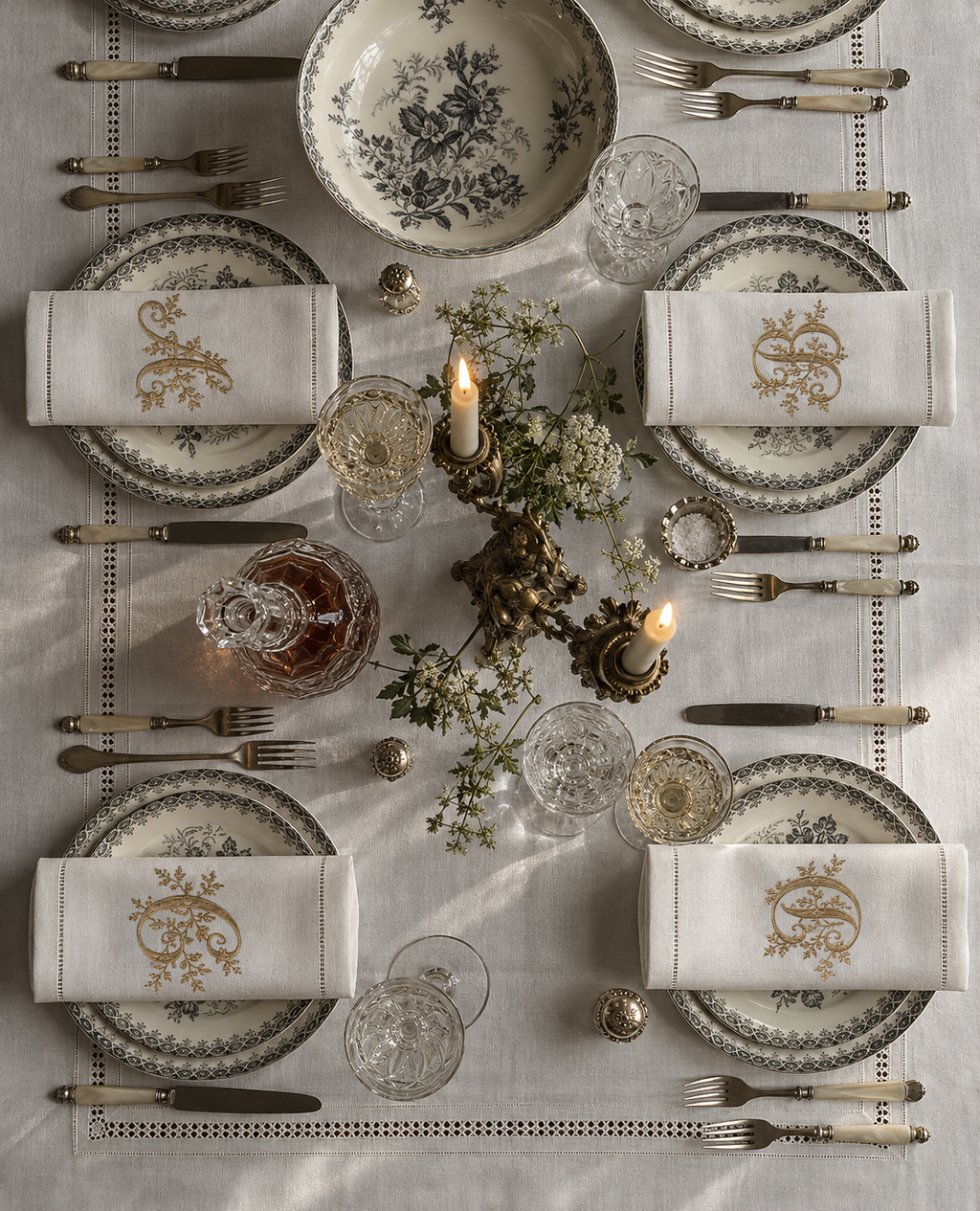 The Belle Époque Napkin at a candlelit dinner table set for four