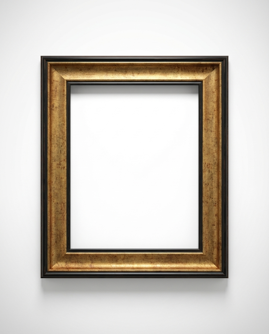 A rectangular picture frame with a textured gold inner border and a black outer frame, shown against a plain white wall.