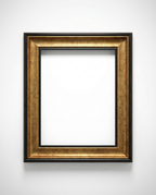 A rectangular picture frame with a textured gold inner border and a black outer frame, shown against a plain white wall.