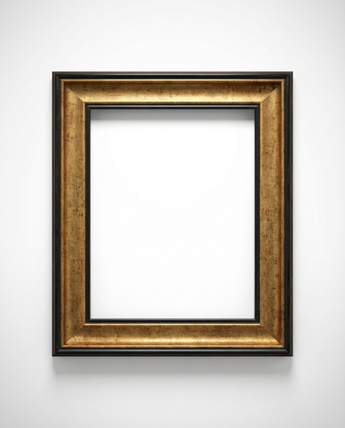 A rectangular picture frame with a textured gold inner border and a black outer frame, shown against a plain white wall.