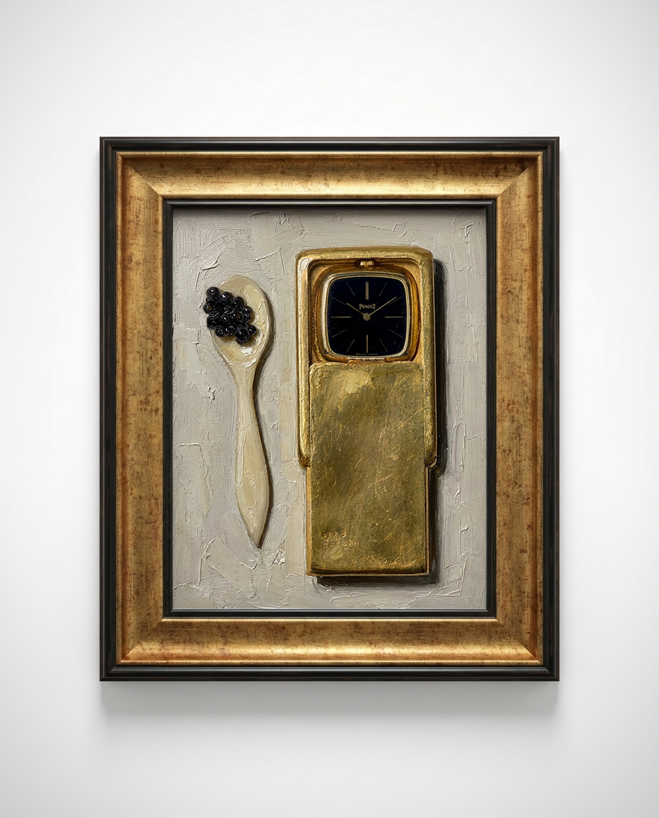 A framed artwork on a white wall featuring a sculptural still life: a gold-toned rectangular object with a dark face, a cream spoon with dark berries, and a textured gray background, all enclosed in a gold and black frame.