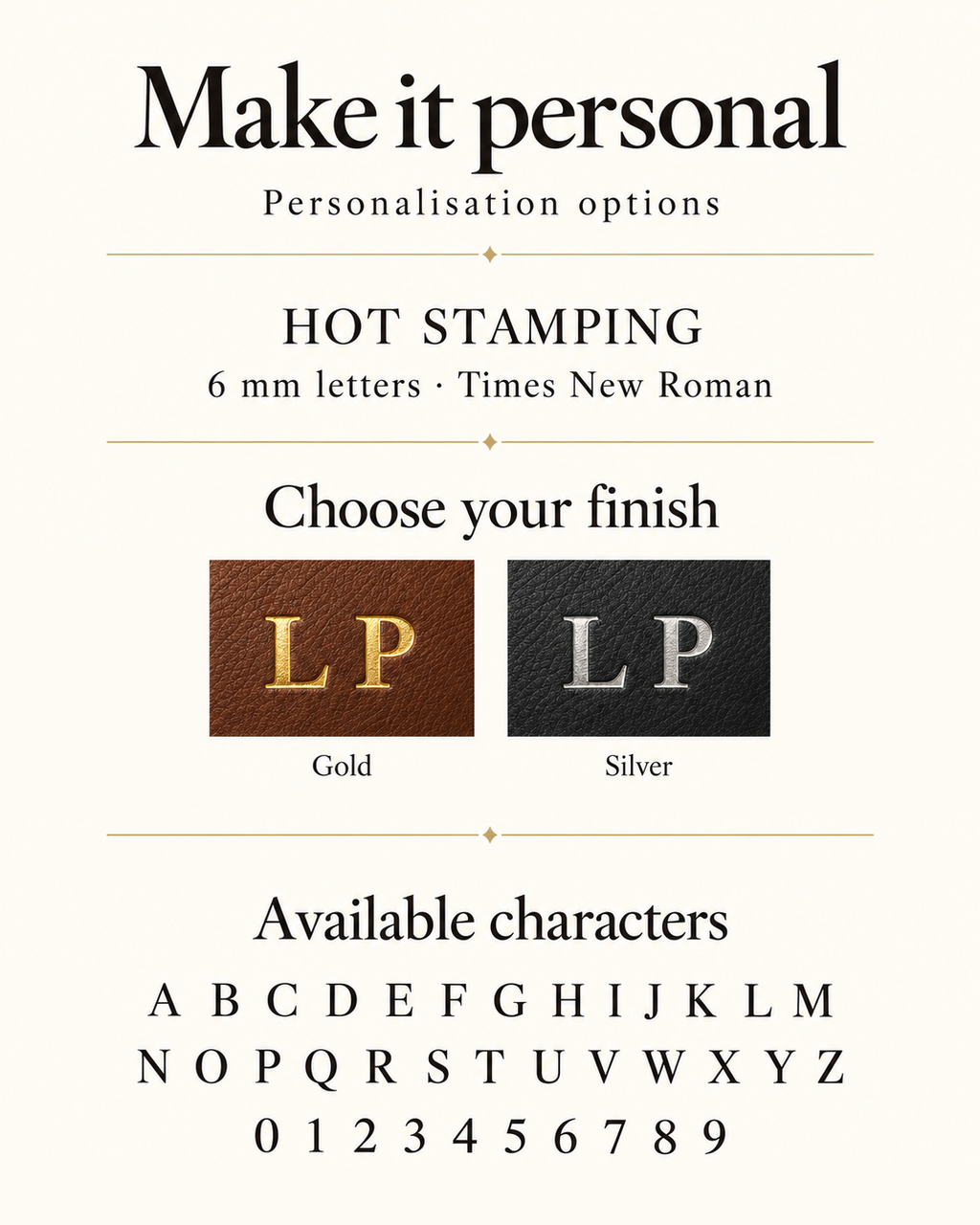 Personalisation options for The Concierge Key Pouch: hot stamping in gold or silver