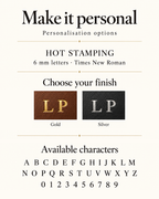 Personalisation options for The Concierge Key Pouch: hot stamping in gold or silver