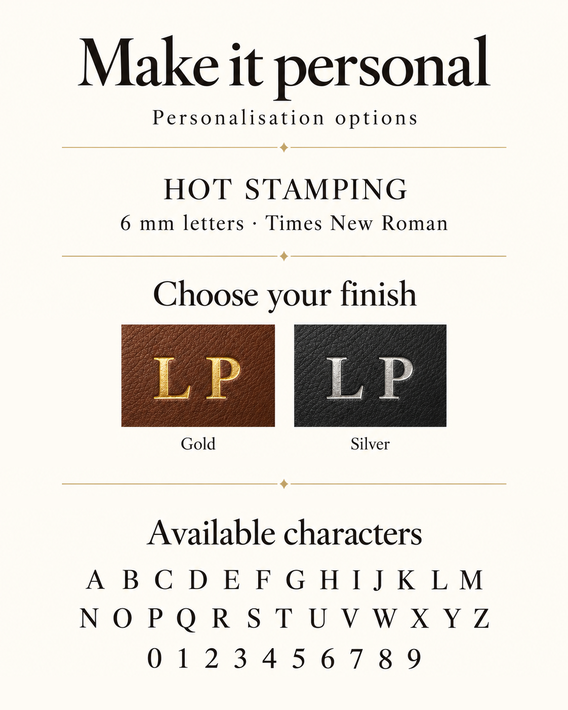 Personalisation options for The Concierge Key Pouch: hot stamping in gold or silver