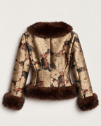 A cropped jacket with a metallic gold and brown abstract pattern, featuring dark brown faux fur trim at the collar, cuffs, and hem, shown against a light gray background.