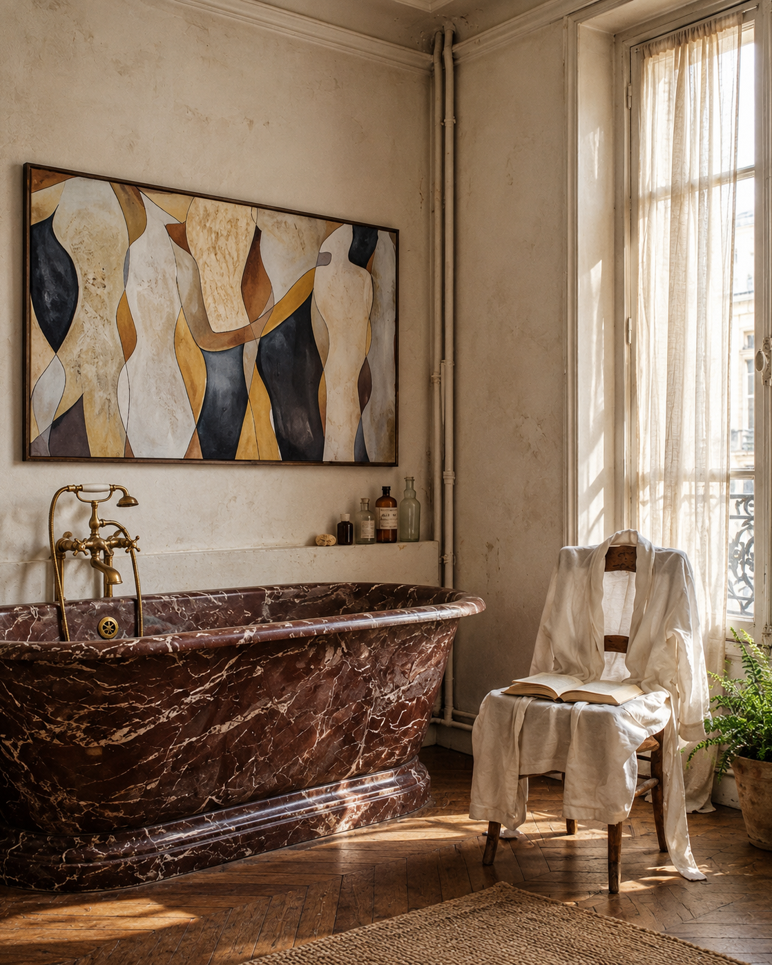 A large abstract painting with cream, gold, and dark navy shapes hangs on a textured beige wall above a freestanding dark brown marble bathtub in a sunlit vintage bathroom. A cream robe is draped over a chair beside a window, with an open book on the seat and a potted plant nearby.