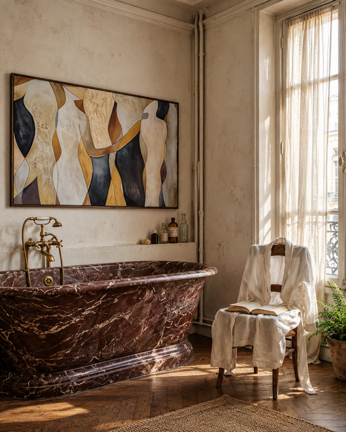 A large abstract painting with cream, gold, and dark navy shapes hangs on a textured beige wall above a freestanding dark brown marble bathtub in a sunlit vintage bathroom. A cream robe is draped over a chair beside a window, with an open book on the seat and a potted plant nearby.