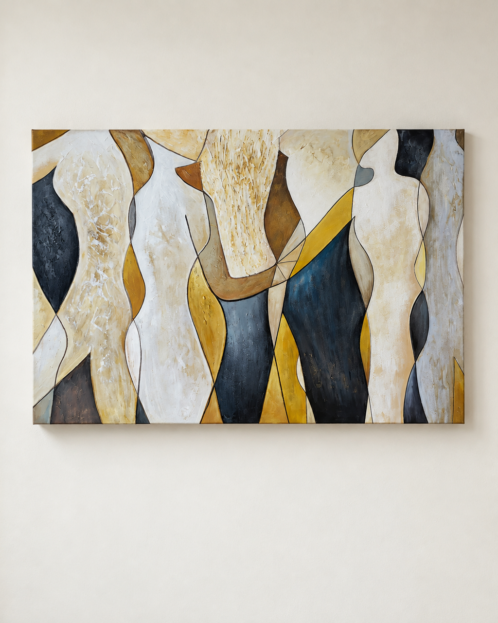 An abstract canvas wall art print featuring stylized, fluid organic shapes in cream, beige, mustard yellow, brown, and dark navy blue, displayed on a light beige wall.