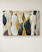 An abstract canvas wall art print featuring stylized, fluid organic shapes in cream, beige, mustard yellow, brown, and dark navy blue, displayed on a light beige wall.