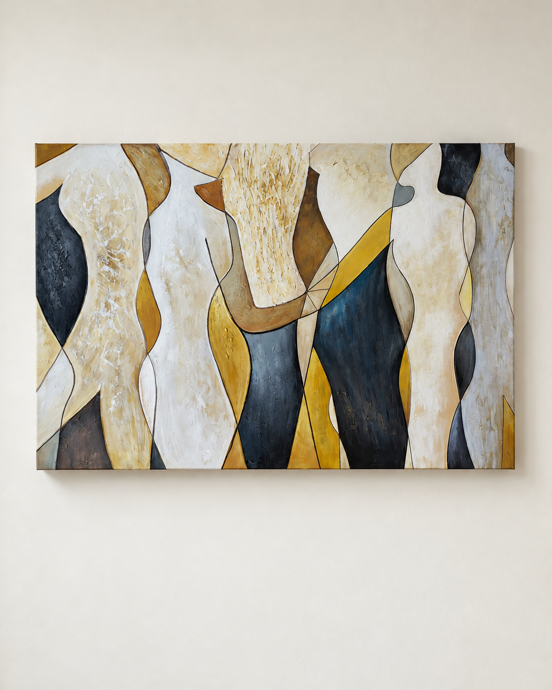 An abstract canvas wall art print featuring stylized, fluid organic shapes in cream, beige, mustard yellow, brown, and dark navy blue, displayed on a light beige wall.
