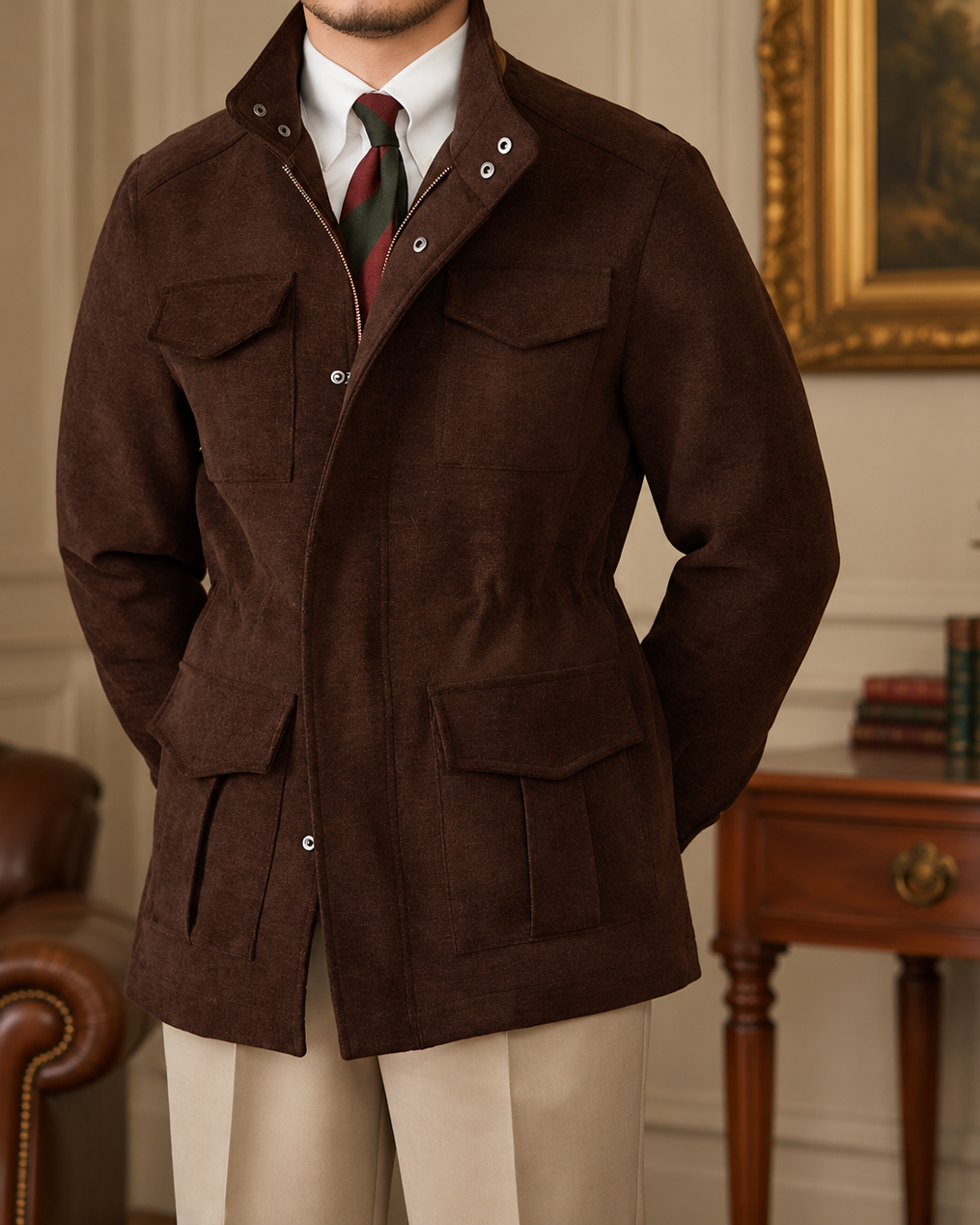 A man wearing a dark brown corduroy jacket over a white dress shirt and striped tie, standing in a classic indoor room with a wooden console table and framed painting in the background.