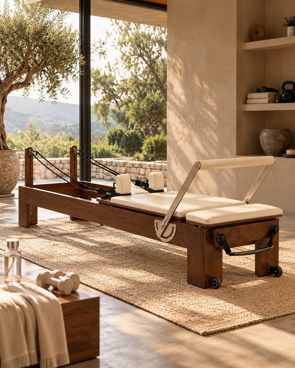A wooden Pilates reformer machine with cream-colored padded cushions and metal springs, positioned on a woven jute rug in a sunlit home gym with large windows and an olive tree outside.