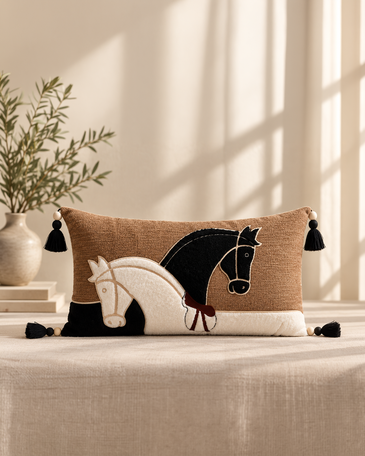 A rectangular decorative throw pillow with embroidered horses, placed on a beige upholstered bench in a softly lit room with a plant and vase in the background.