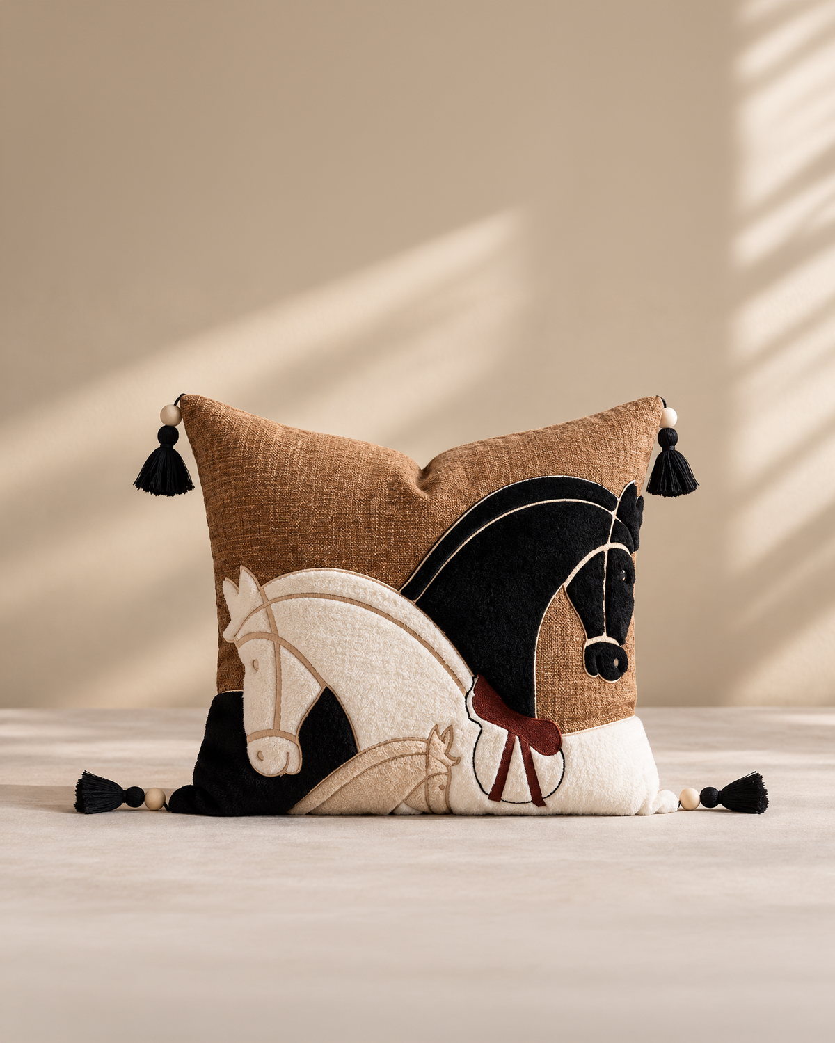 A decorative throw pillow featuring an embroidered horse and rider design in black, beige, and white, with black tassels on the corners, set against a warm beige background with soft window shadow patterns.