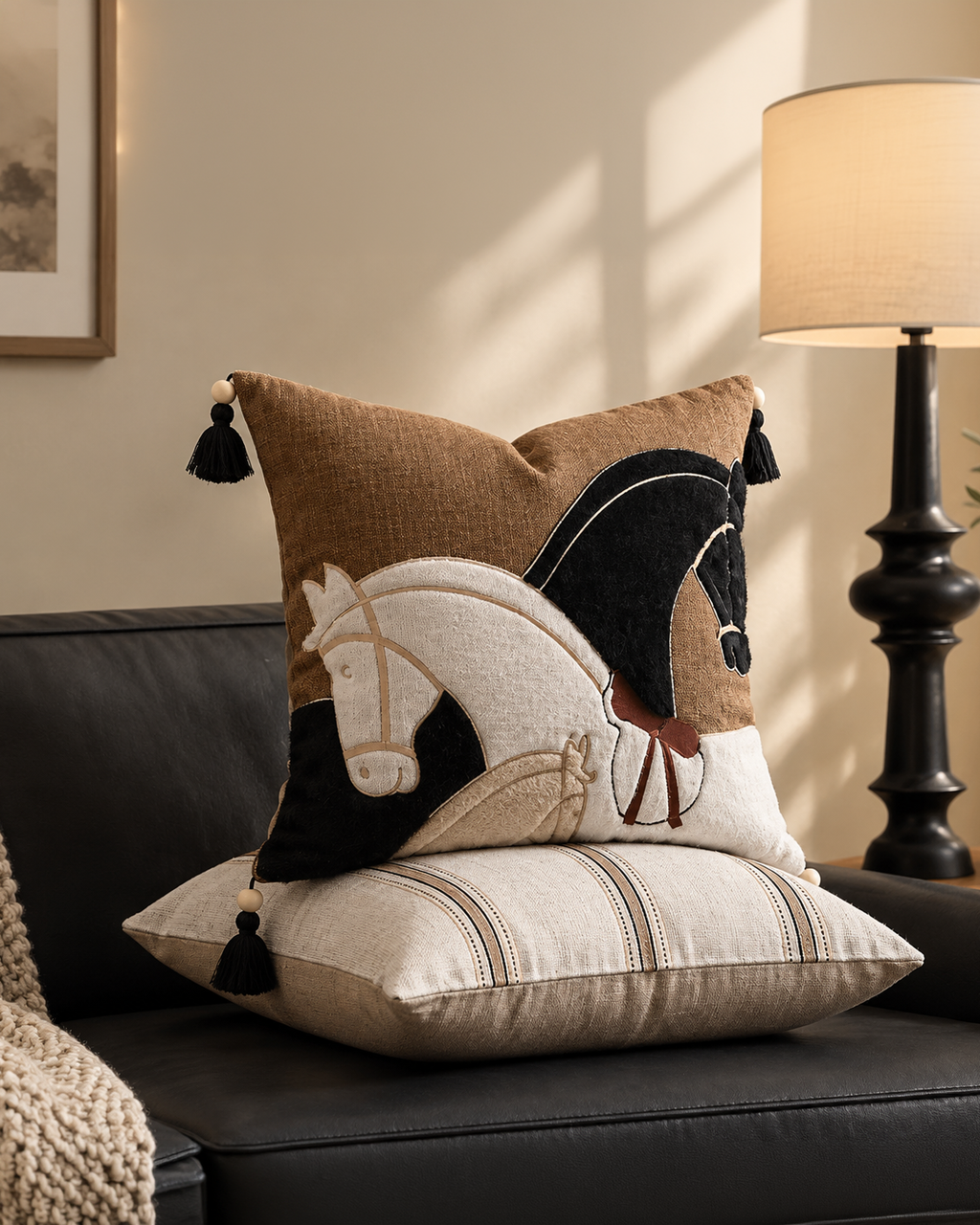 A decorative throw pillow featuring an embroidered horse design in beige, black, and brown, styled on a black leather sofa next to a lit table lamp.