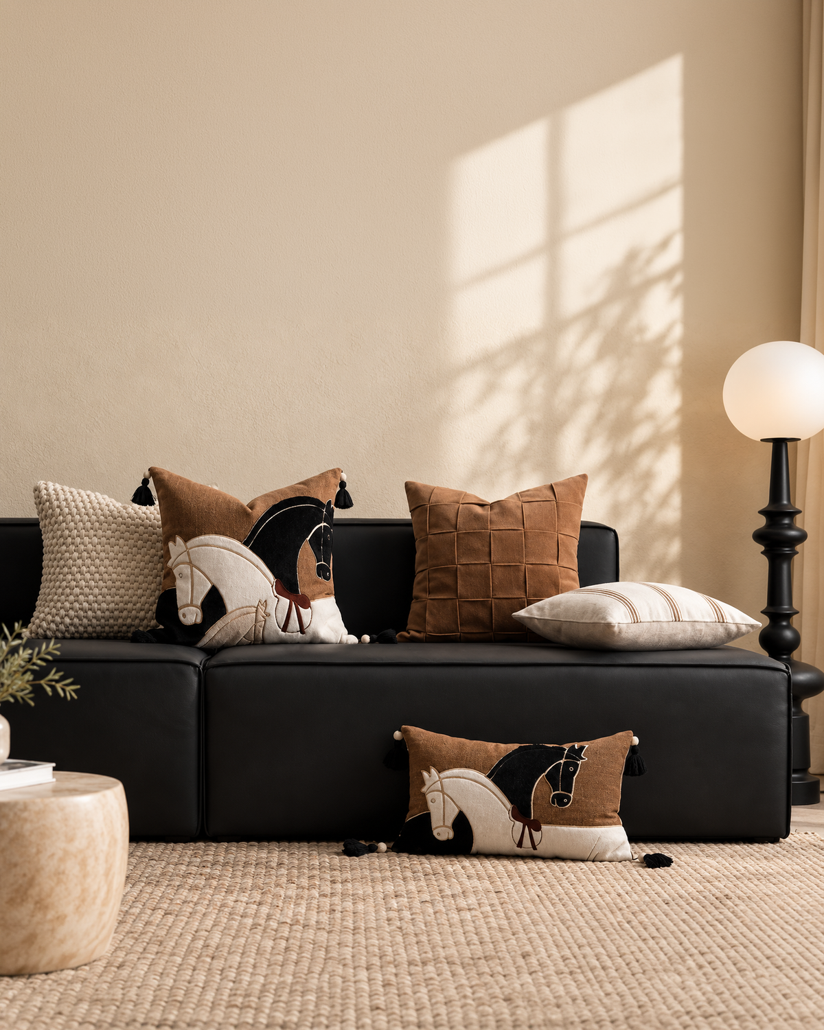 A styled living room scene featuring a black leather sofa adorned with multiple decorative throw pillows, including a textured brown pillow, a cream and black horse-patterned pillow, and a matching rectangular lumbar pillow resting on the floor. The room has warm beige walls, a woven rug, a black floor lamp, and soft window shadow lighting.