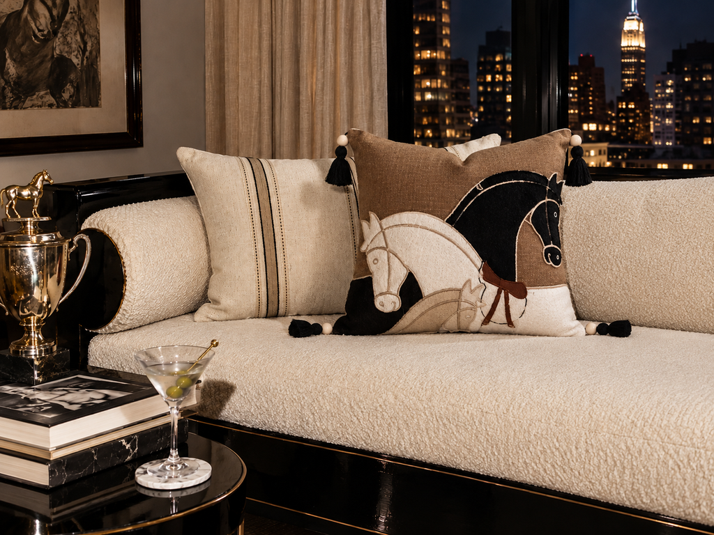 A luxury cream bouclé sofa in a modern living room setting, styled with decorative throw pillows featuring embroidered horses, a cocktail glass on a side table, and a nighttime city skyline visible through the window.