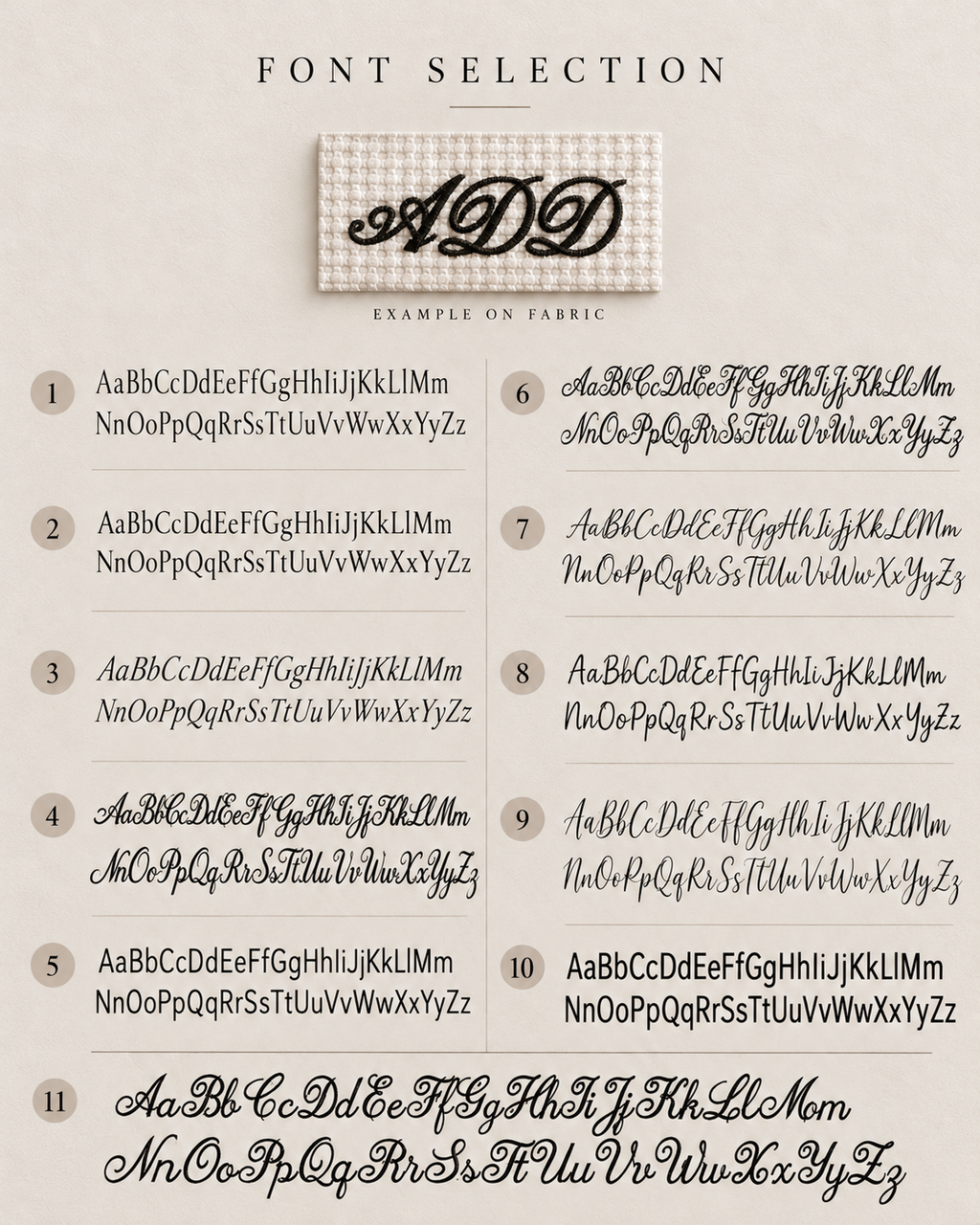 A font selection chart showing multiple script and serif typeface options labeled 1 through 12, with an example of the letter 'ADD' in a textured fabric swatch at the top. The page is labeled 'FONT SELECTION' and includes sample text blocks demonstrating each font style.