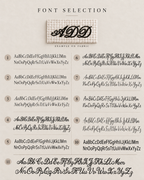 A font selection chart showing multiple script and serif typeface options labeled 1 through 12, with an example of the letter 'ADD' in a textured fabric swatch at the top. The page is labeled 'FONT SELECTION' and includes sample text blocks demonstrating each font style.