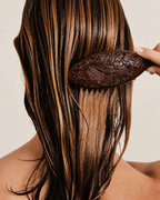 A close-up of a person's long, dark brown hair with warm blonde highlights, shown from the back as a hand brushes it with an ornate dark brown hairbrush against a plain light beige background.