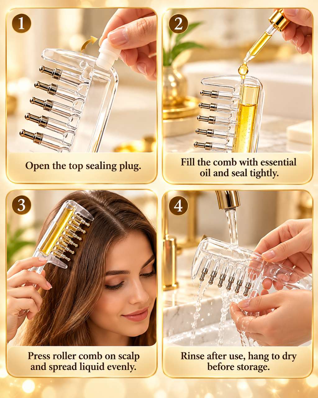 Four-panel instructional graphic showing how to use a clear roller comb with essential oil. Step 1 shows opening the top sealing plug, Step 2 shows filling the comb with golden oil, Step 3 shows a woman using the comb on her scalp, and Step 4 shows rinsing the comb under running water.