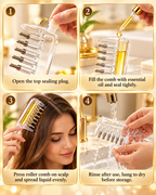 Four-panel instructional graphic showing how to use a clear roller comb with essential oil. Step 1 shows opening the top sealing plug, Step 2 shows filling the comb with golden oil, Step 3 shows a woman using the comb on her scalp, and Step 4 shows rinsing the comb under running water.