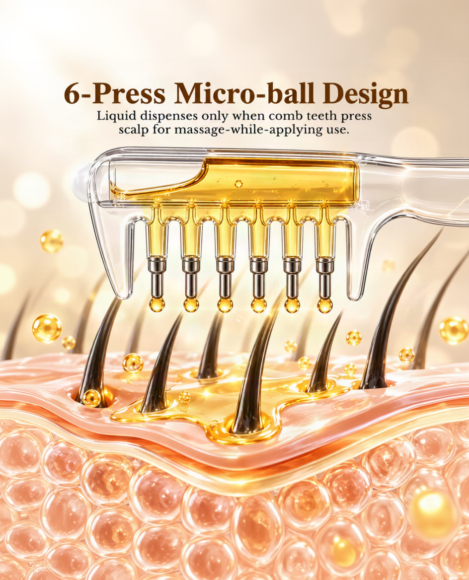 Close-up promotional graphic of a transparent scalp comb with golden liquid inside, shown pressing into scalp hair follicles. Text at the top reads '6-Press Micro-ball Design' with explanatory copy about liquid dispensing and massage while applying use.