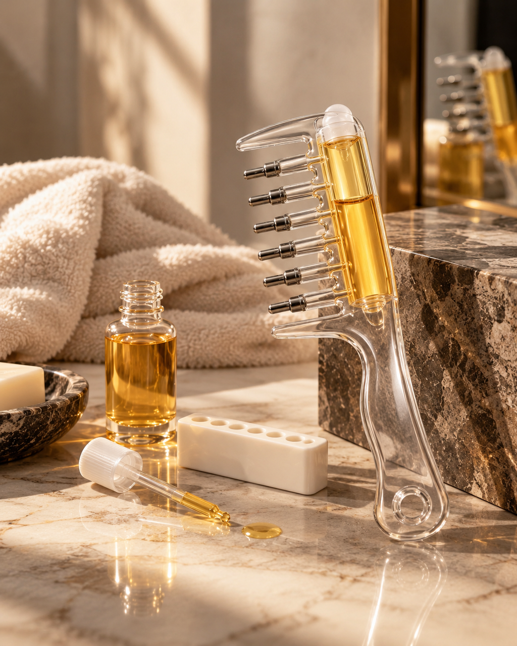 A clear silicone hair oil comb with a transparent handle and multiple metal teeth, filled with golden oil, displayed on a marble surface next to a small bottle of oil, a dropper, and a folded cream towel.