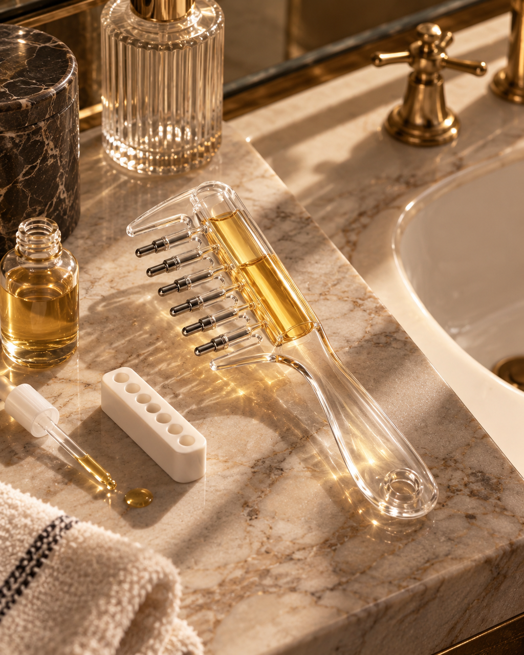 A clear plastic and glass hair styling tool with multiple metal bristles, shown on a marble bathroom counter beside a sink, gold faucet, small dropper bottle, and a white applicator tray.