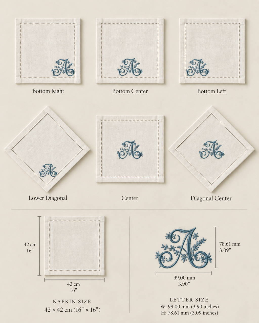 Monogrammed napkins shown in multiple placement options with dimensions labeled, including Bottom Right, Bottom Center, Bottom Left, Lower Diagonal, Center, and Diagonal Center, plus napkin size and letter size measurements.