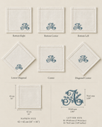 Monogrammed napkins shown in multiple placement options with dimensions labeled, including Bottom Right, Bottom Center, Bottom Left, Lower Diagonal, Center, and Diagonal Center, plus napkin size and letter size measurements.