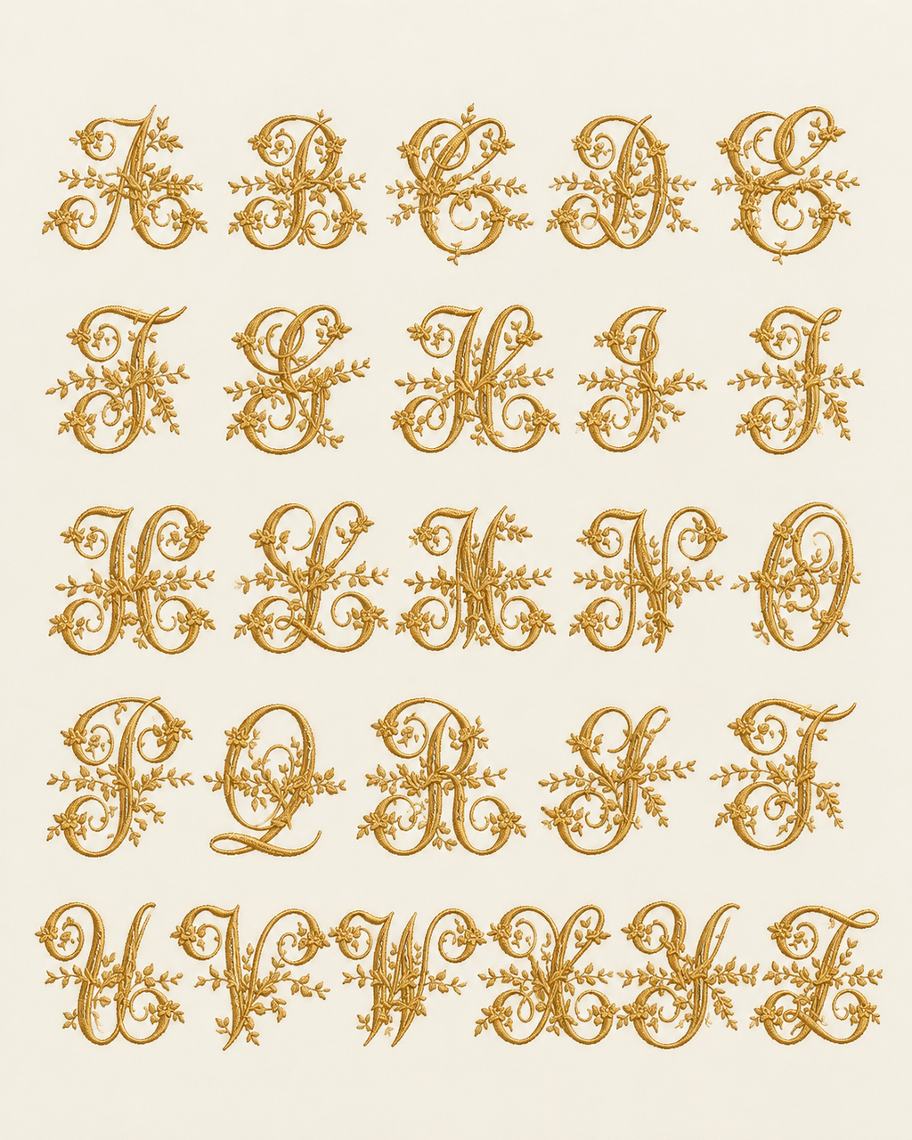 A sheet of ornate decorative capital letters A through Z in a metallic gold tone, each styled with floral and scroll motifs, arranged in rows on a light cream background.