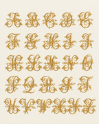 A sheet of ornate decorative capital letters A through Z in a metallic gold tone, each styled with floral and scroll motifs, arranged in rows on a light cream background.